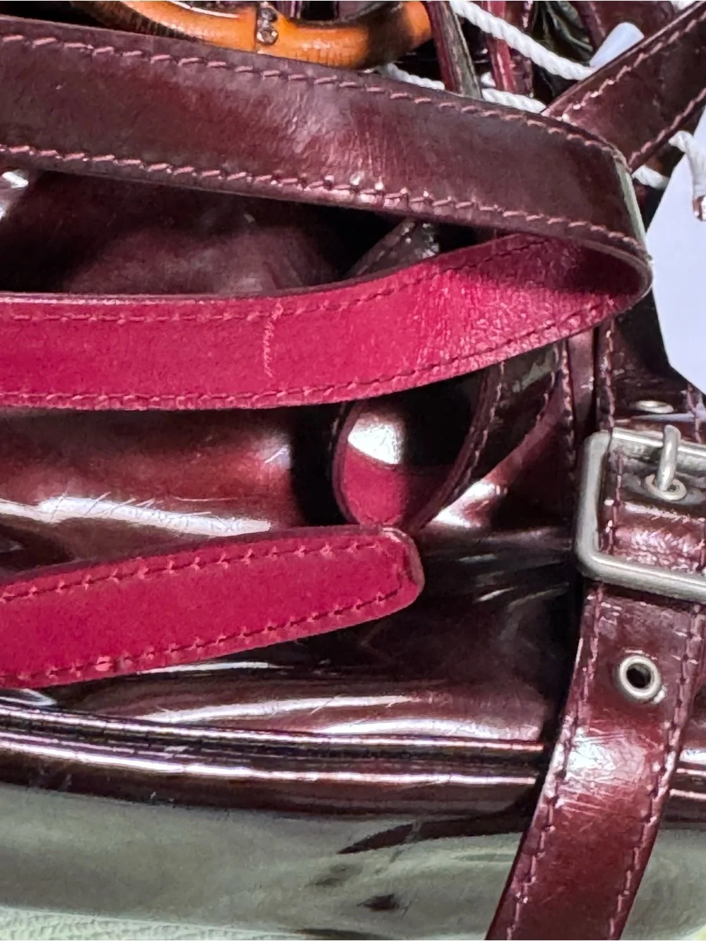 Gucci Burgundy Patent Leather Bamboo Top Handle Backpack